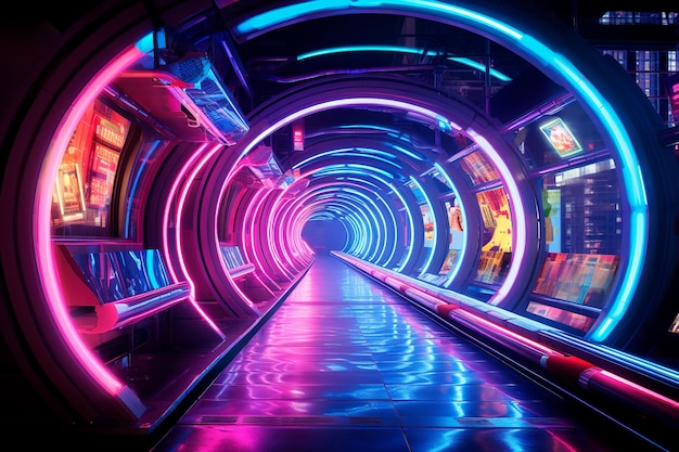 Foto van futuristische tunnel met metalen muren neon