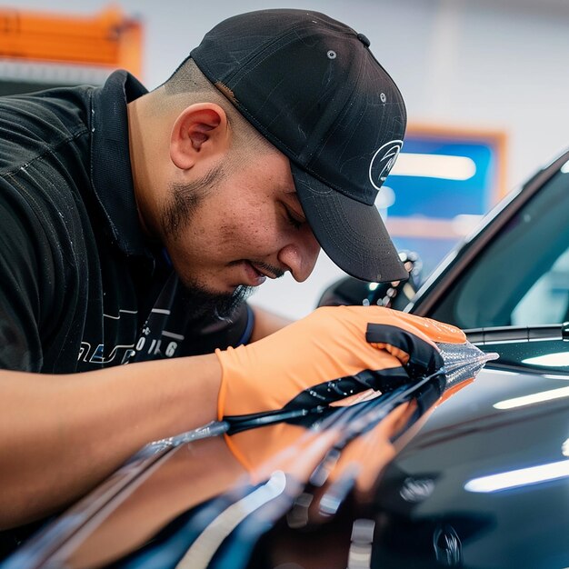 Foto van gedetailleerde professionele stoomreiniging van auto bekleding