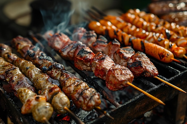 Foto van gegrilde vleeskebabs en salade