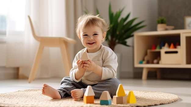 Foto van gelukkige kinderen die spelen met blokken en speelgoed