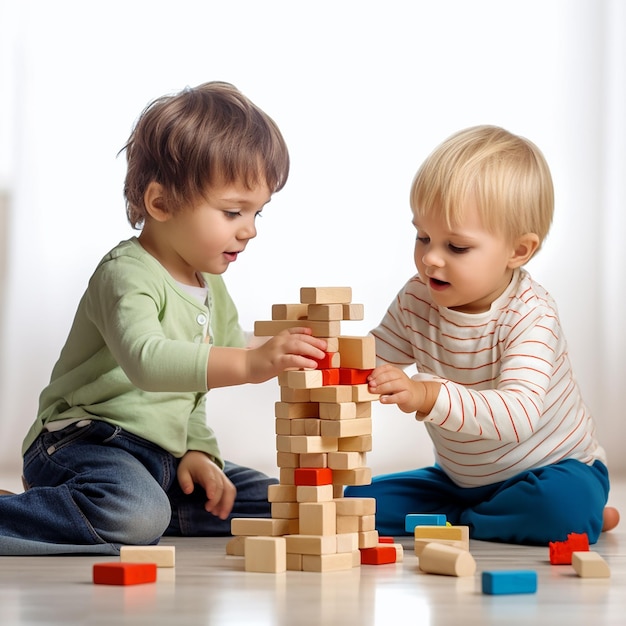 Foto van gelukkige kinderen die spelen met blokken en speelgoed