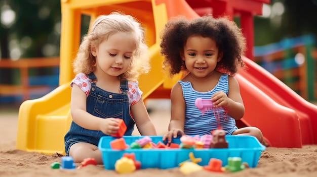 Foto van gelukkige kinderen die spelen met blokken en speelgoed