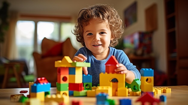 Foto van gelukkige kinderen die spelen met blokken en speelgoed