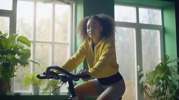 Foto van gelukkige schattige Afro-Amerikaanse vrouw fietsen voor lichaamsbeweging en wellness thuis