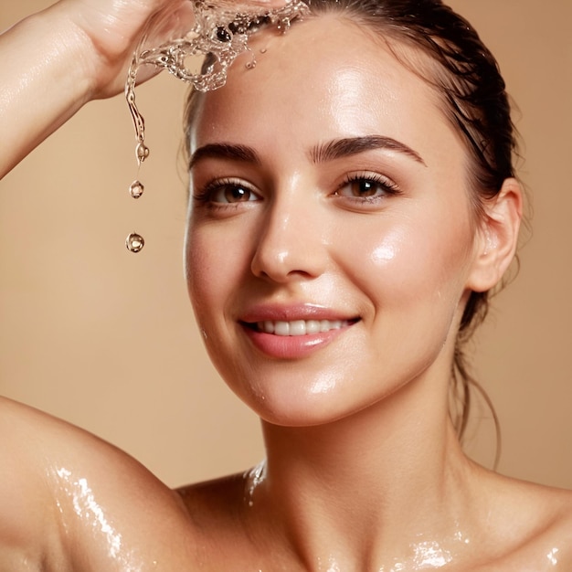 Foto van gelukkige schoonheid vrouw huidverzorging wassen met spatjes en druppels water