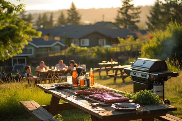 Foto foto van gezinnen die bijeenkomen voor een barbecue in de buurt met een grill