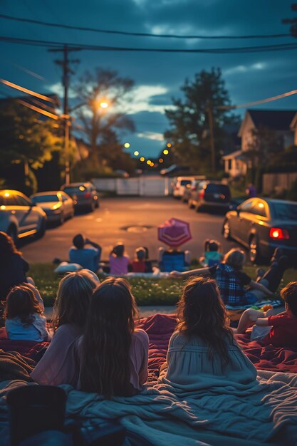 Foto van gezinnen die genieten van een buurtfilmnacht in een voorstad een festival vakantie concept