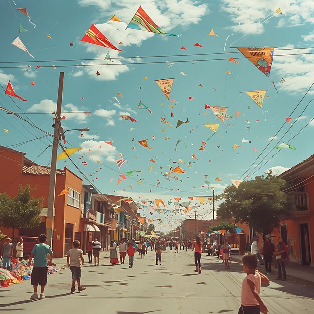 Foto van gezinnen die kleurrijke vliegers vliegen in een levendige Mexicaanse buur