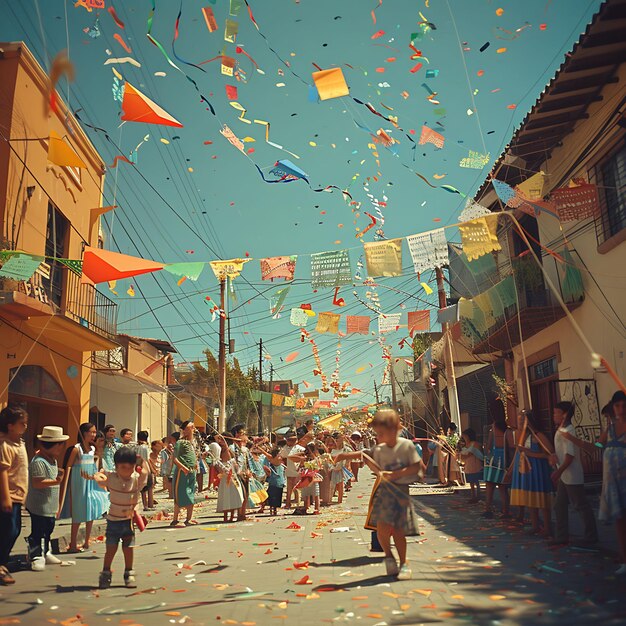 Foto van gezinnen die kleurrijke vliegers vliegen in een levendige Mexicaanse buur