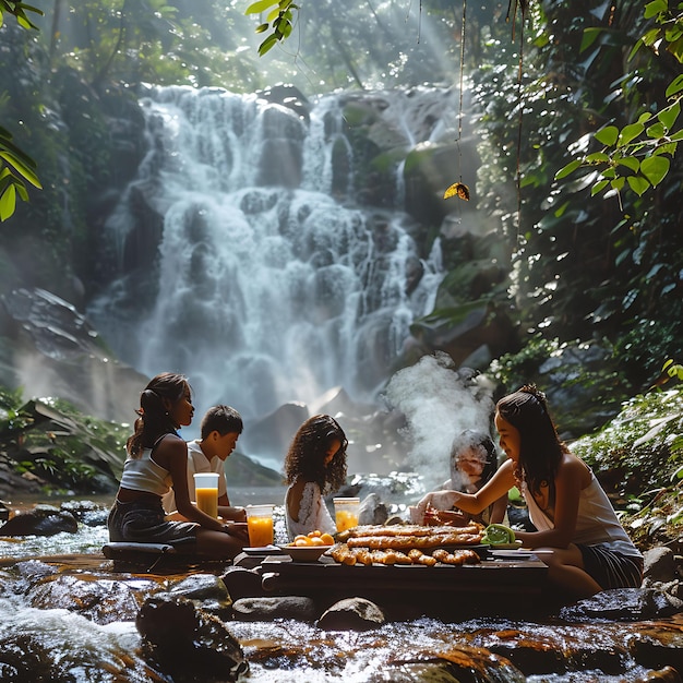 Foto van gezinnen die picknicken in een schilderachtige Thaise waterval met Gri Gezinsactiviteiten Werkzorg
