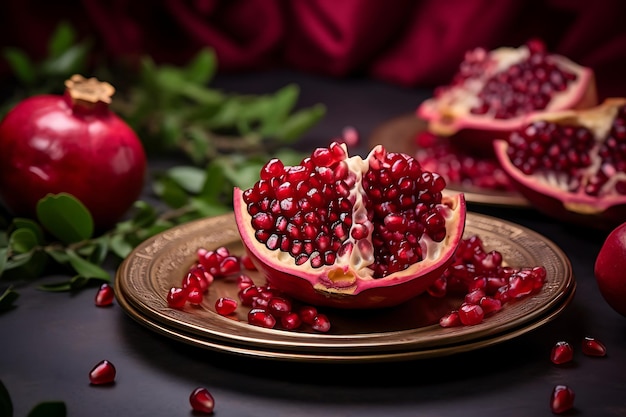 Foto van granaatappelhalven op een dessertplaat