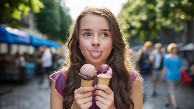 Foto van grappig tienermeisje houdt lippen afgerond en kijkt naar smakelijke ijs geniet zomer tijd