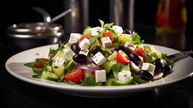 Foto foto van griekse salade als gerecht in een luxe restaurant