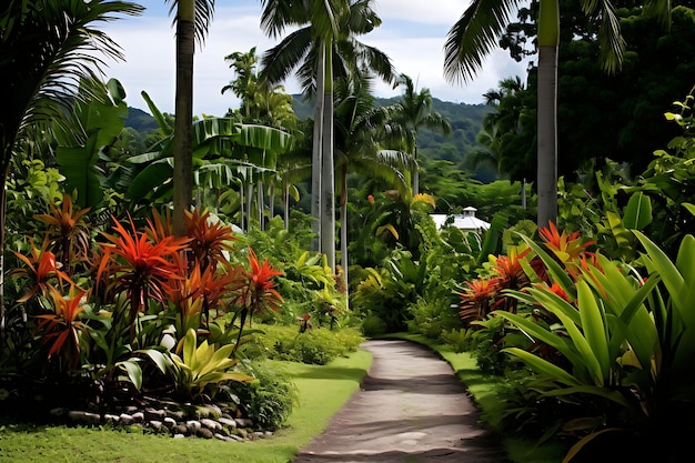 Foto foto van groen landschap met tropische palmbomen