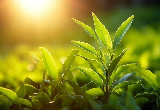 Foto foto van groene thee knoppen bladeren en plantage met ochtend zon schijnen achtergrond