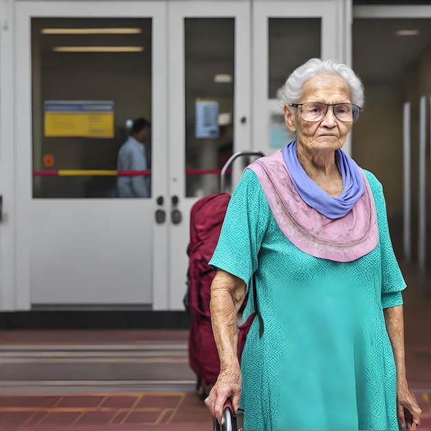 Foto van grootmoeder bij de ingang van een ziekenhuis of een seniorencentrum