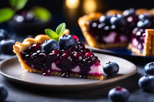 Foto foto van heerlijke blueberry taart met blueberry donkere lghiting verse gezonde voedsel achtergrond