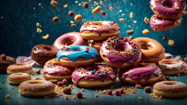 Foto van heerlijke donuts met verschillende smaken, filmische voedselfotografie