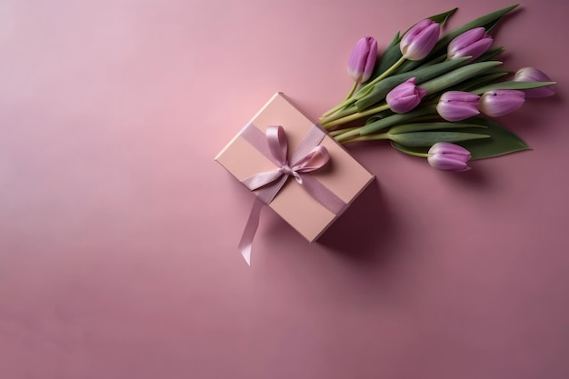 Foto van het bovenaanzicht van de kopieerruimte en de charmante roze geschenkdoos met lintstrik aan de zijkant en boeket lavendeltulpen met copypaste roze achtergrond Generatieve AI