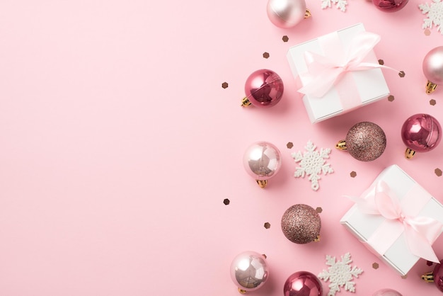Foto van het bovenaanzicht van roze kerstversiering ballen sneeuwvlokken confetti en witte geschenkdozen met roze lint strikken op geïsoleerde pastel roze achtergrond met copyspace