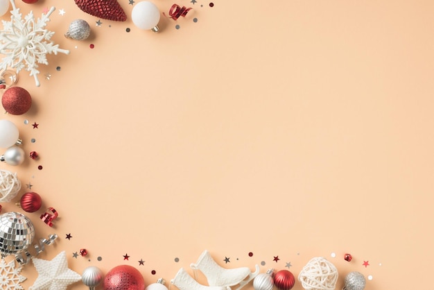 Foto van het bovenaanzicht van wit rood en zilver kerstboom decoraties sneeuwvlokken sterren disco ballen kegel pailletten kleine schaatsen en serpentijn op geïsoleerde beige achtergrond met copyspace