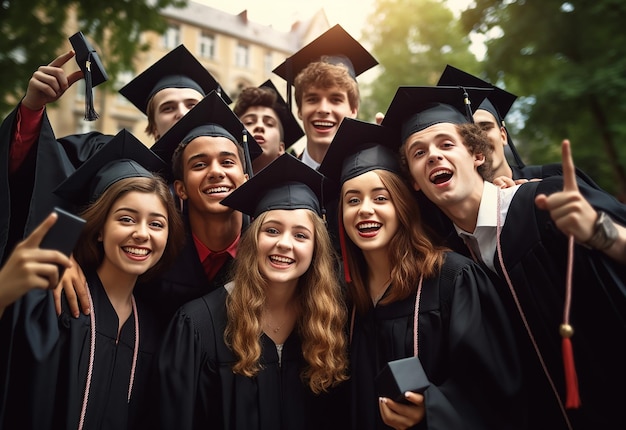 Foto van het gelukkige afstudeerteam van afstudeerstudenten met afstudeerhoed en diploma