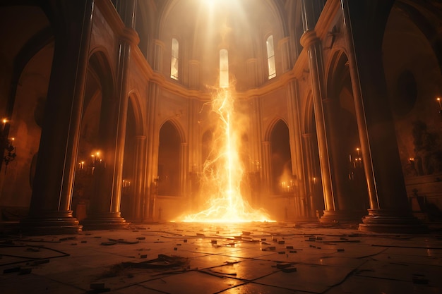 Foto van het Heilige Kruis symbool gevormd in een vlam die helder brandt in een Goede Vrijdag Paaspalmkunst