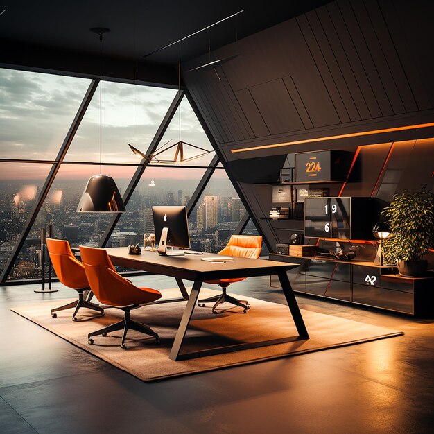 Foto van het interieur van een leeg kantoor met glazen scheidingswanden in loft-stijl en uitzicht op de stad gegenereerd door AI