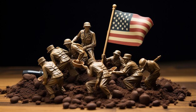 Foto van het Iwo Jima-monument, maar vervangende speelgoedsoldaatjes die de Amerikaanse vlag opheffen