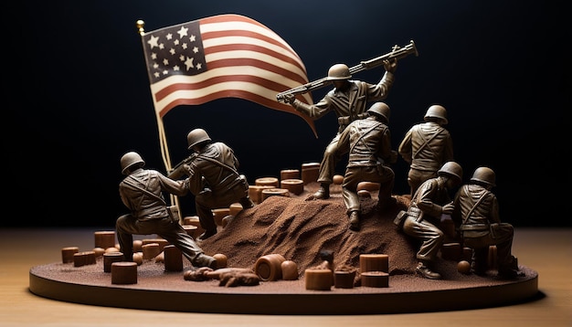 Foto van het Iwo Jima-monument, maar vervangende speelgoedsoldaatjes die de Amerikaanse vlag opheffen