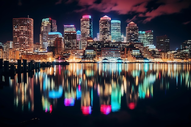 Foto van het nachtelijke stadslandschap dat op het water reflecteert