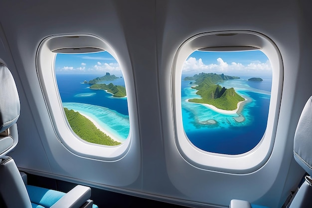 Foto van het raam van een vliegtuig van binnen naar buiten om de paradijselijke eilanden te zien