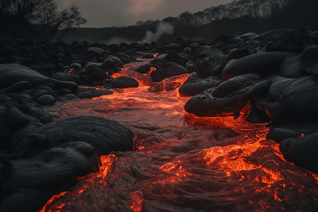 Foto van hete lava die door de rivier generatieve ai stroomt