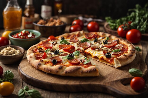 Foto van hete pizza close-up op een tafel op de achtergrond van een groep of gezelschap van mensenvrienden