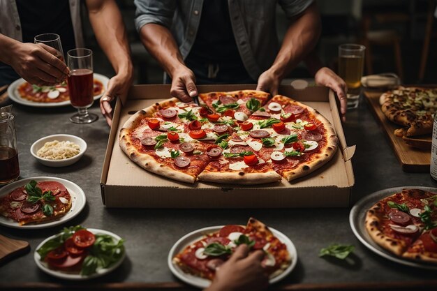 Foto foto van hete pizza close-up op een tafel op de achtergrond van een groep of gezelschap van mensenvrienden