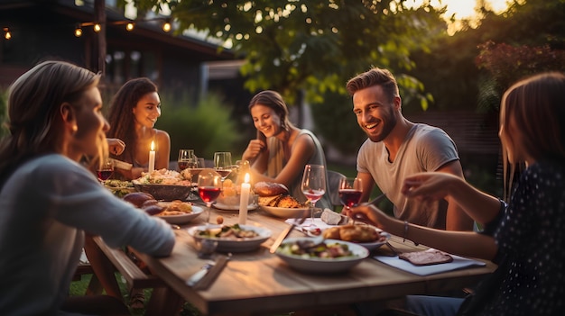 Foto van jonge mensen die genieten van een heerlijk barbecuediner terwijl ze rode wijn drinken