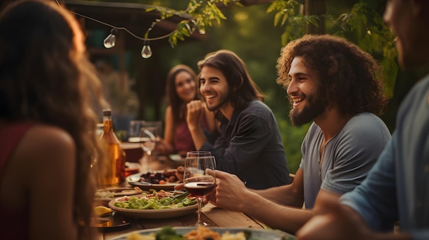 Foto van jonge mensen die genieten van een heerlijk barbecuediner terwijl ze rode wijn drinken