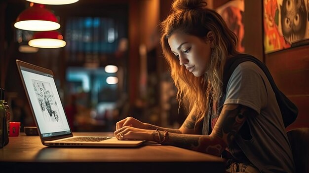 foto van jonge vrouw die op laptop werkt in café Meisje met tatoeage