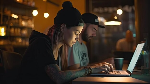 foto van jonge vrouw die op laptop werkt in café Meisje met tatoeage