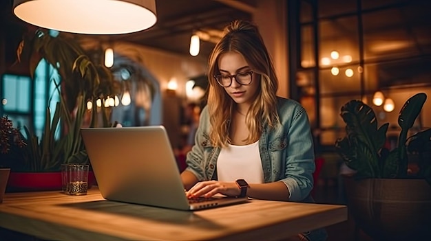 foto van jonge vrouw die op laptop werkt in café Meisje met tatoeage