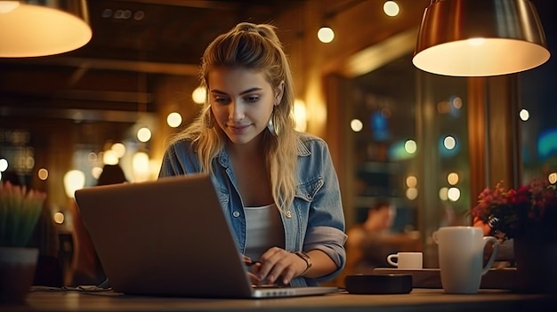 foto van jonge vrouw die op laptop werkt in café Meisje met tatoeage