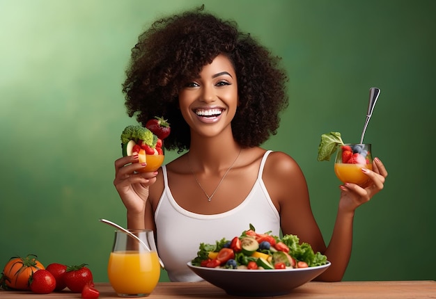 Foto van jongere mensen die gezond voedsel eten en gezond sap drinken