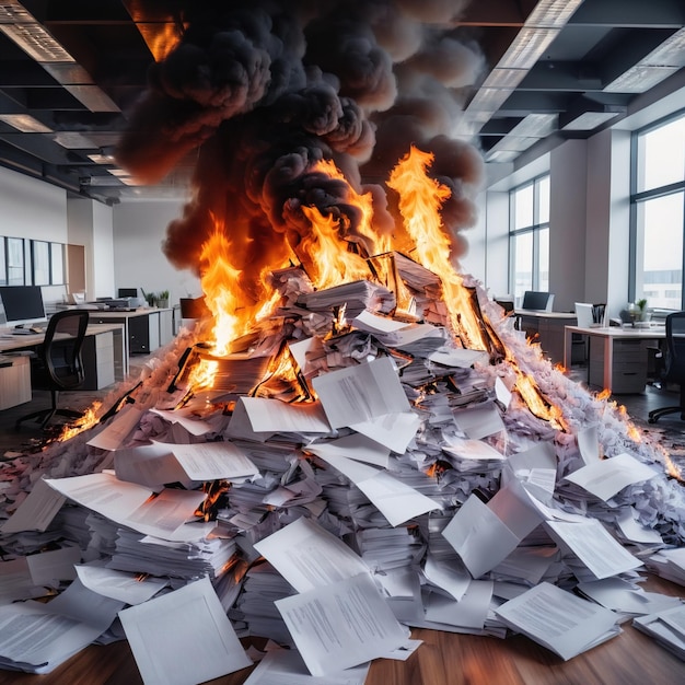 Foto van kantoor op vuur stapels papier brandend meubilair modern kantoor interieur