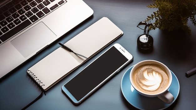 Foto van kantoor tafelblad weergave met laptop koffiekopje en smartphone