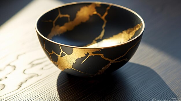 Foto foto van keramiek met kintsugi gerestaureerd met gouden scheuren traditionele japanse goudbevestigingsmethode