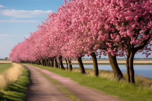 Foto foto van kersenbloesembomen in een landelijk landschap