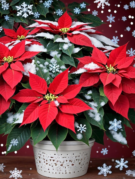 Foto Van Kerst Poinsettia Plant Omringd Door Sneeuwvlokken