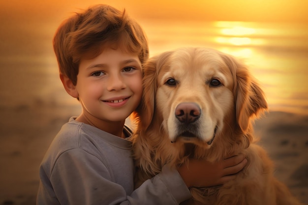 foto van kind en hond op het strand