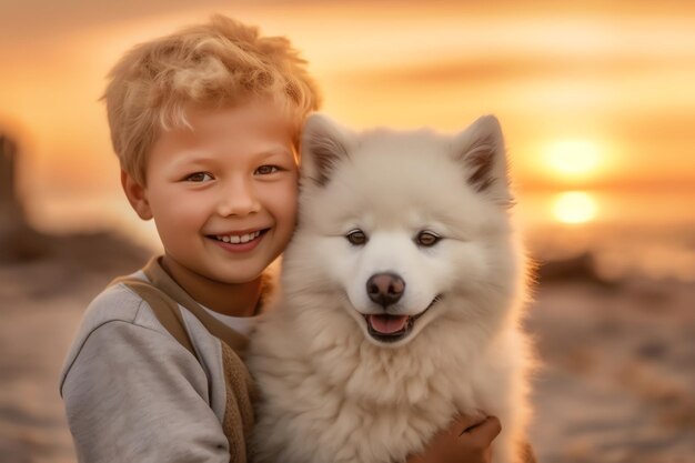 foto van kind en hond op het strand
