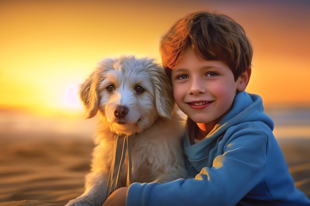 foto van kind en hond op het strand